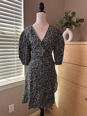 Black Floral V-Neck Midi Wrap Dress